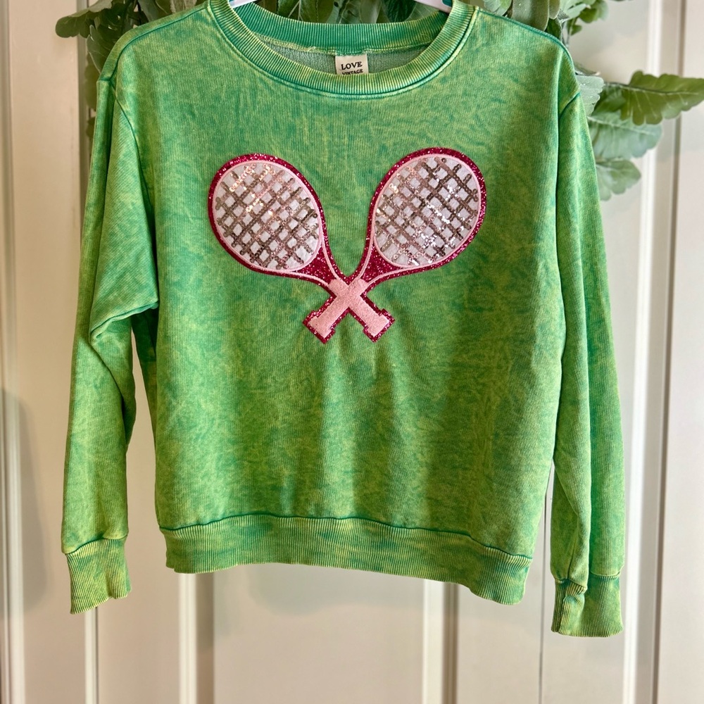 Love Green Sweatshirt with Pink and Silver Racket Design
